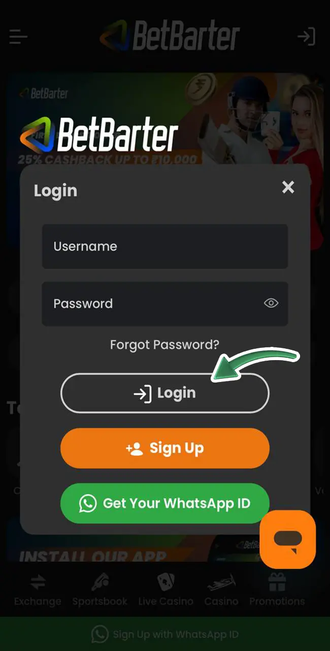 Go to the BetBarter account login menu.