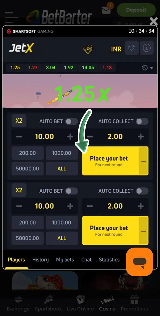 Wait for the round to start and place your bet in your favourite game from BetBarter.