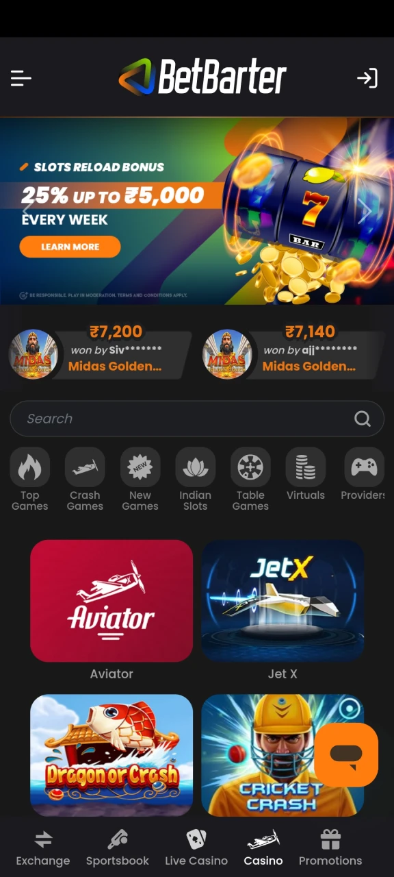 Explore the casino section at BetBarter in India, featuring a wide variety of slots, table games, and live dealer options for an exciting online gaming experience.