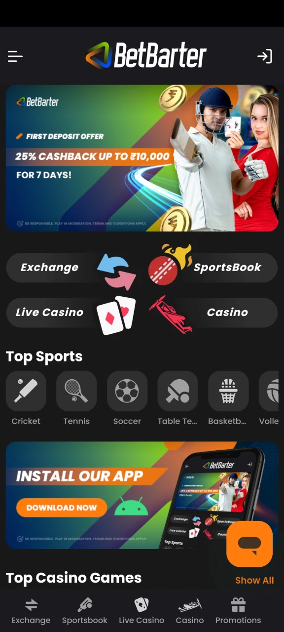 Explore the BetBarter home page in India for top casino games, sports betting options, and exclusive bonuses, all on a secure and user-friendly platform.