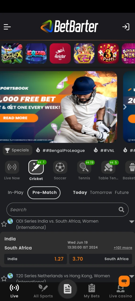 Discover the cricket section at BetBarter in India, offering extensive betting options, live match updates, and competitive odds for an immersive cricket betting experience.